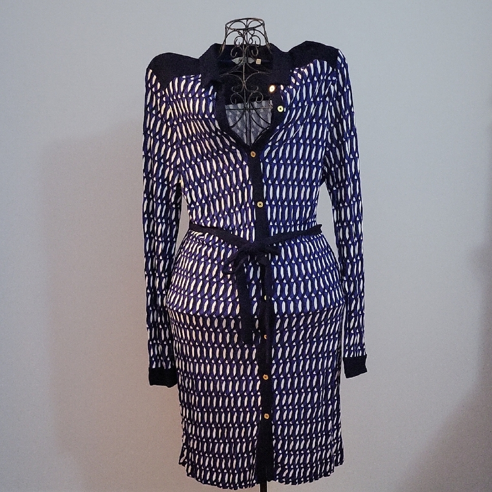 Boden Long Sleeve Dress in Navy and White